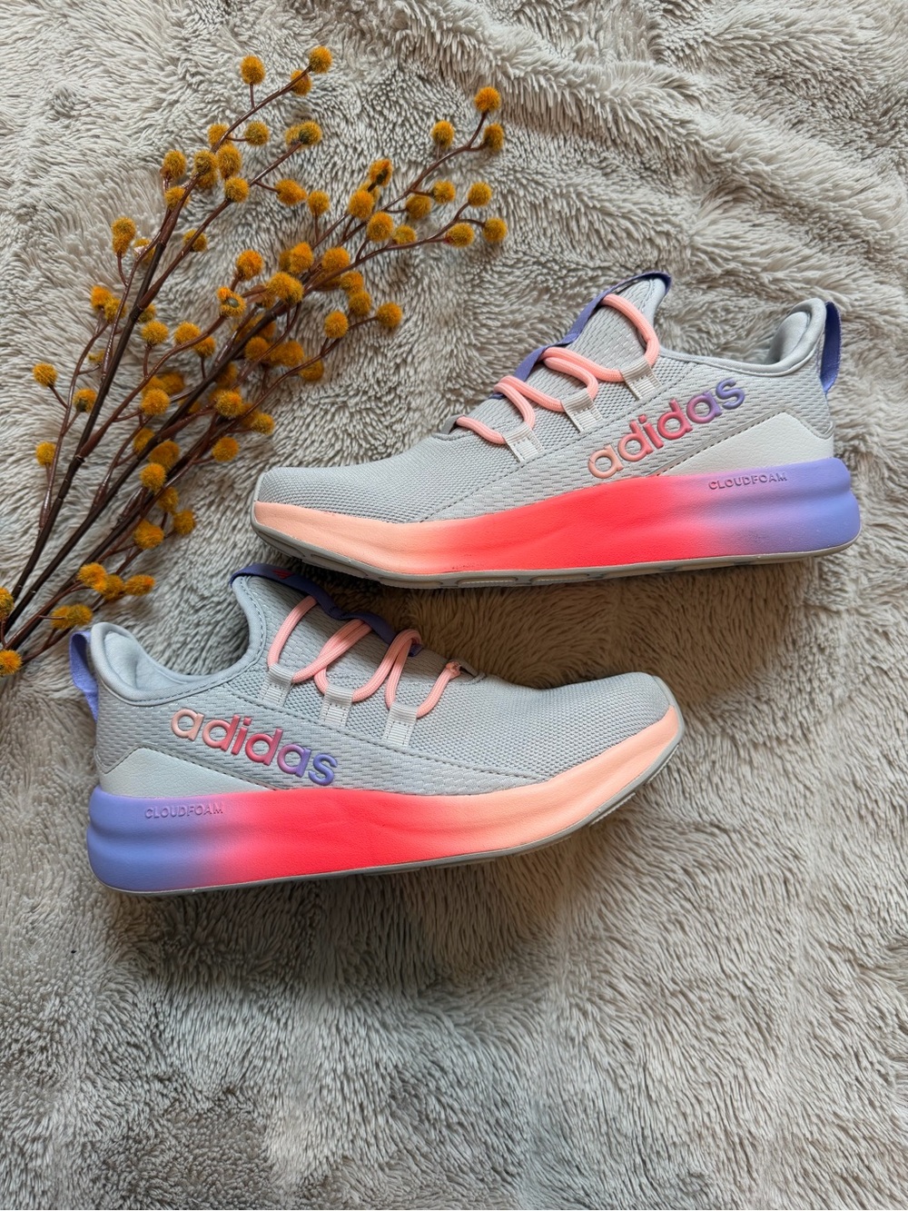 adidas Kids Light Gray Sneakers with Pink and Purple Gradient Midsole